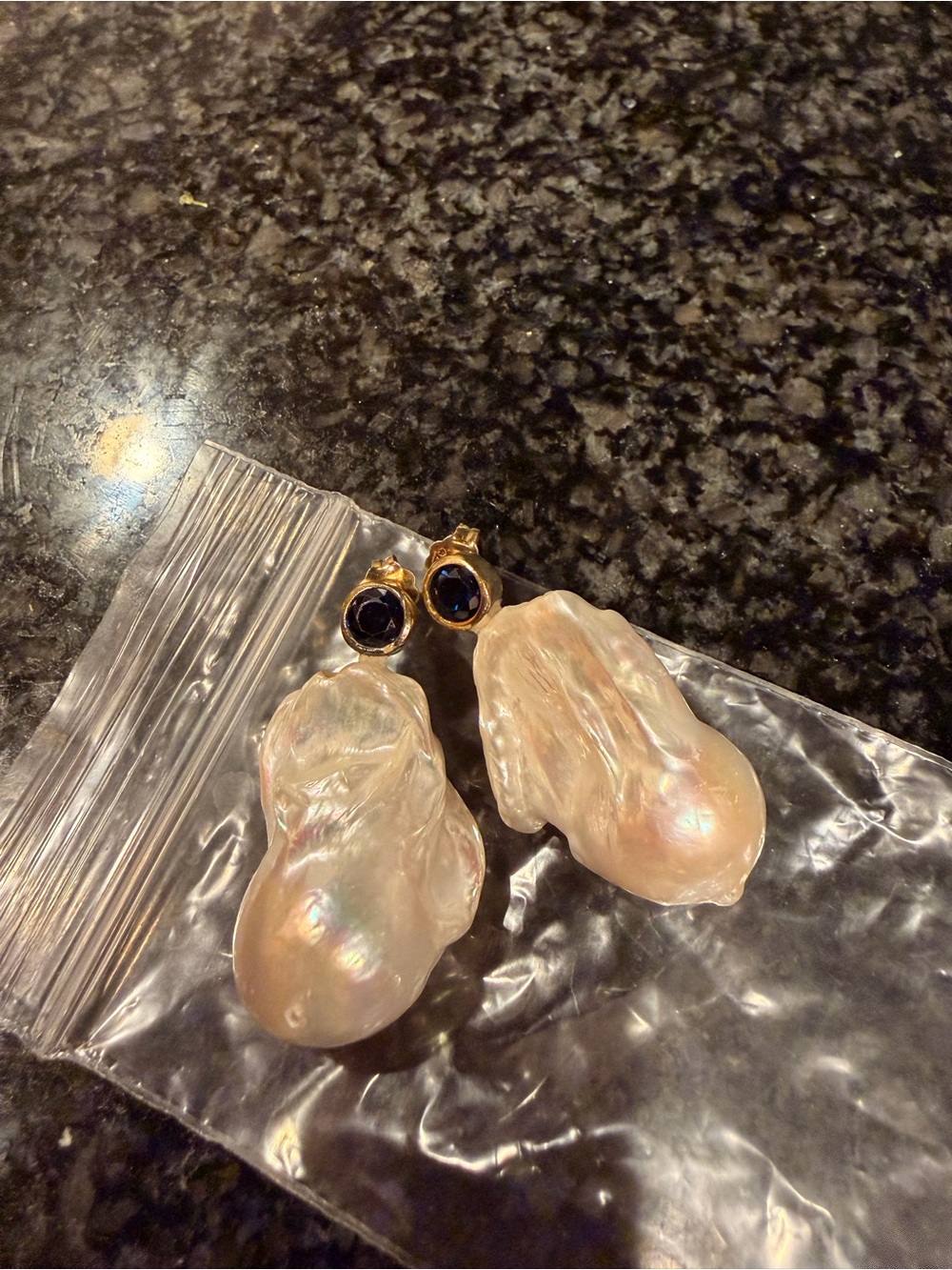 Baroque Pearl Drop Earrings with Blue Stone Accents